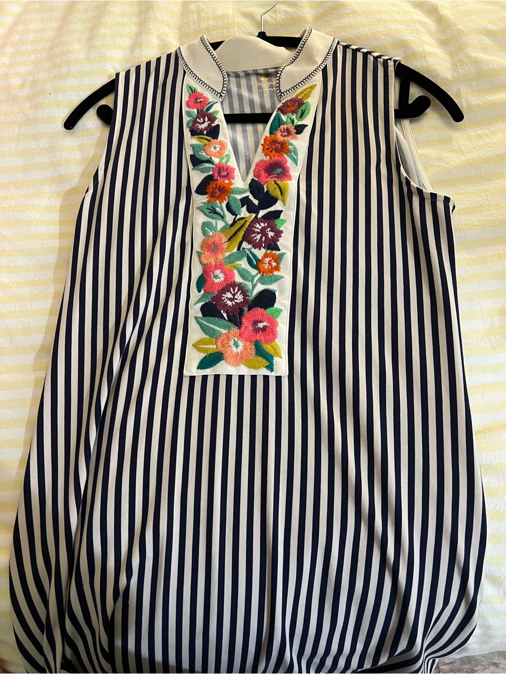 Striped Black & White Sleeveless Spartina 499 Dress with Floral Embroidery